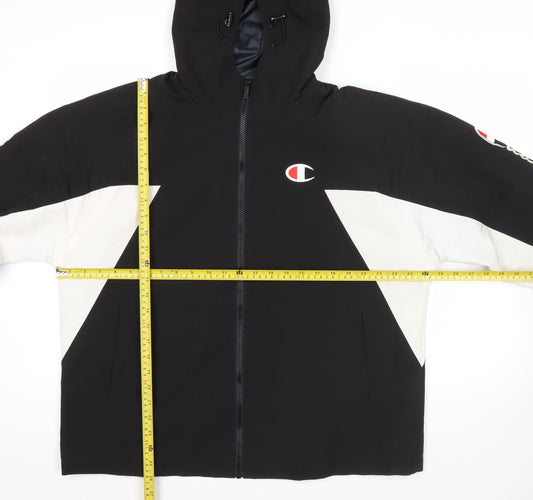 Champion Men’s Black White Hooded Puffer Jacket Size L Logo Sports