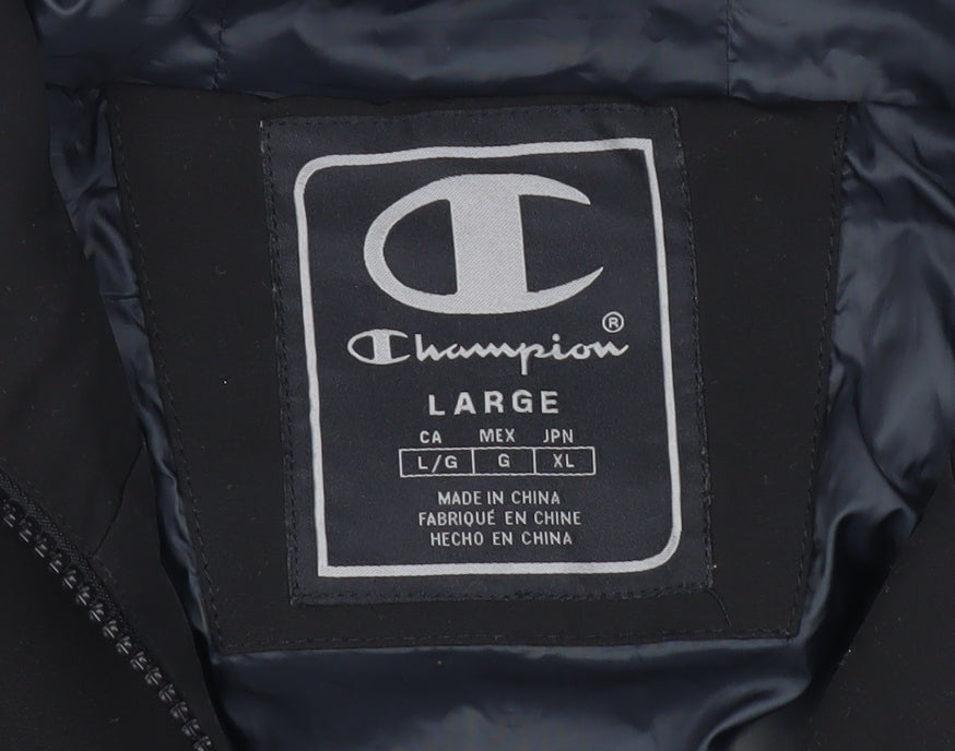 Champion Men’s Black White Hooded Puffer Jacket Size L Logo Sports