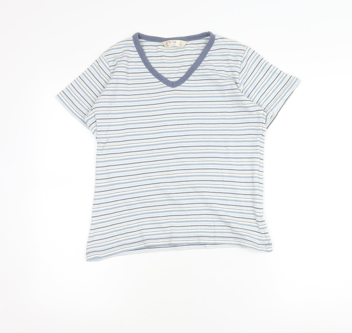 EWM Womens Blue Striped Cotton V-Neck T-Shirt Size 10
