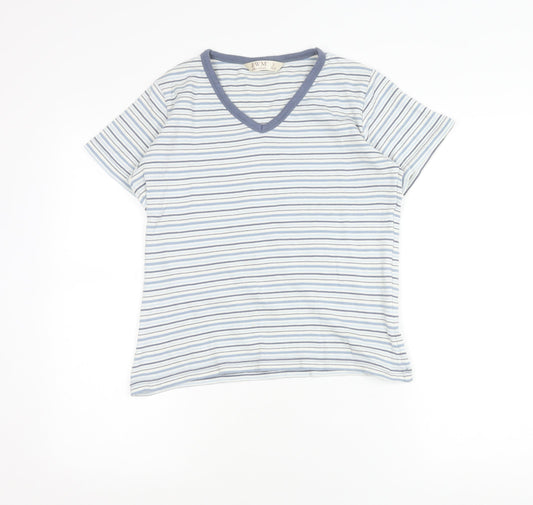 EWM Womens Blue Striped Cotton V-Neck T-Shirt Size 10