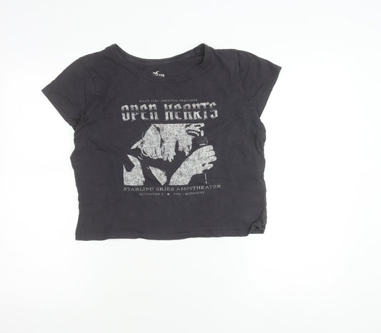 Hollister Womens Black Cropped Graphic T-Shirt Size L Cotton