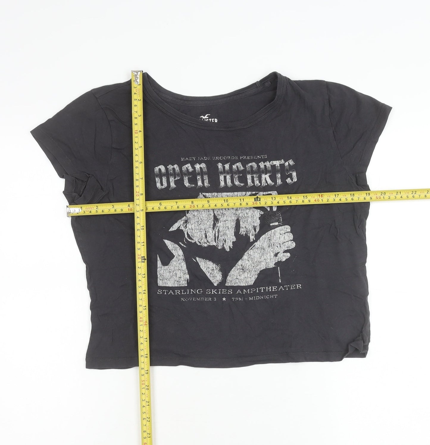 Hollister Womens Black Cropped Graphic T-Shirt Size L Cotton