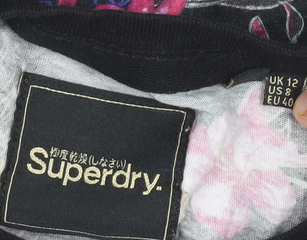 Superdry Womens Black Floral Embroidered Cotton T-Shirt UK 12