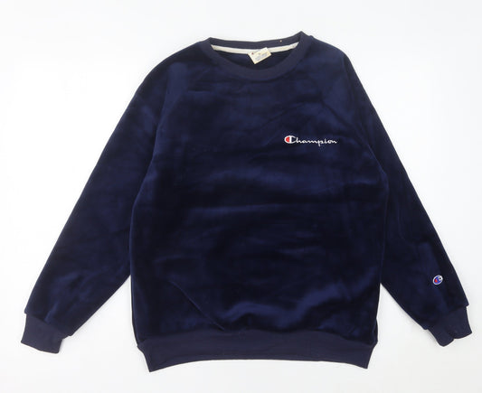 Champion Womens Navy Blue Velour Sweatshirt UK 14 Pullover Logo