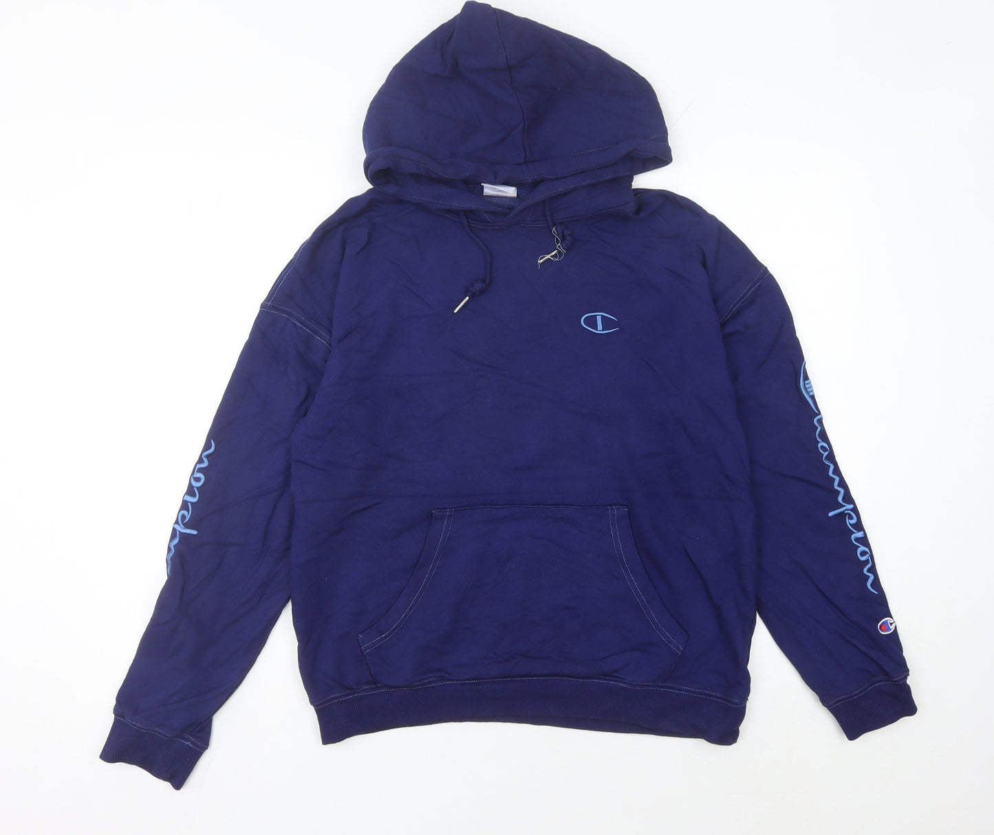 Champion Unisex Blue Pullover Hoodie Medium Cotton Logo