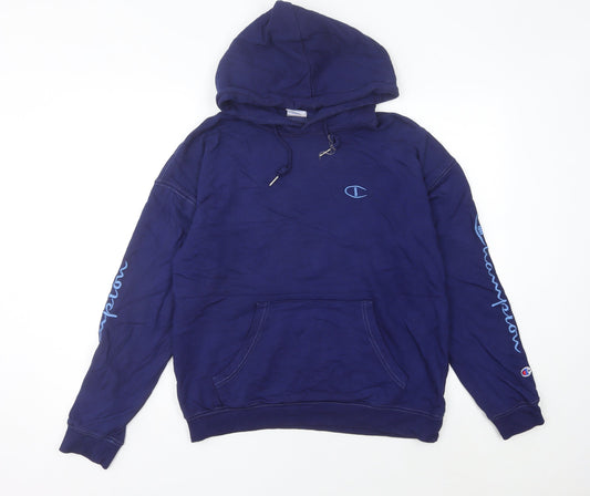 Champion Unisex Blue Pullover Hoodie Medium Cotton Logo