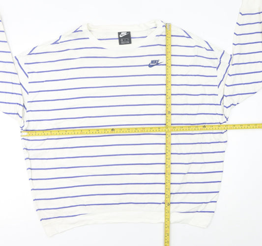 Nike Women White Striped Sweatshirt Size 16 UK Cotton Crew Neck
