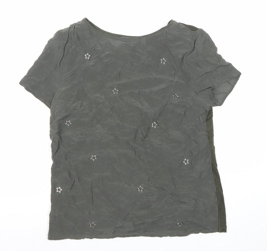 Mint Velvet Women Grey Size 8 Silk Blend Star Embroidered T-Shirt