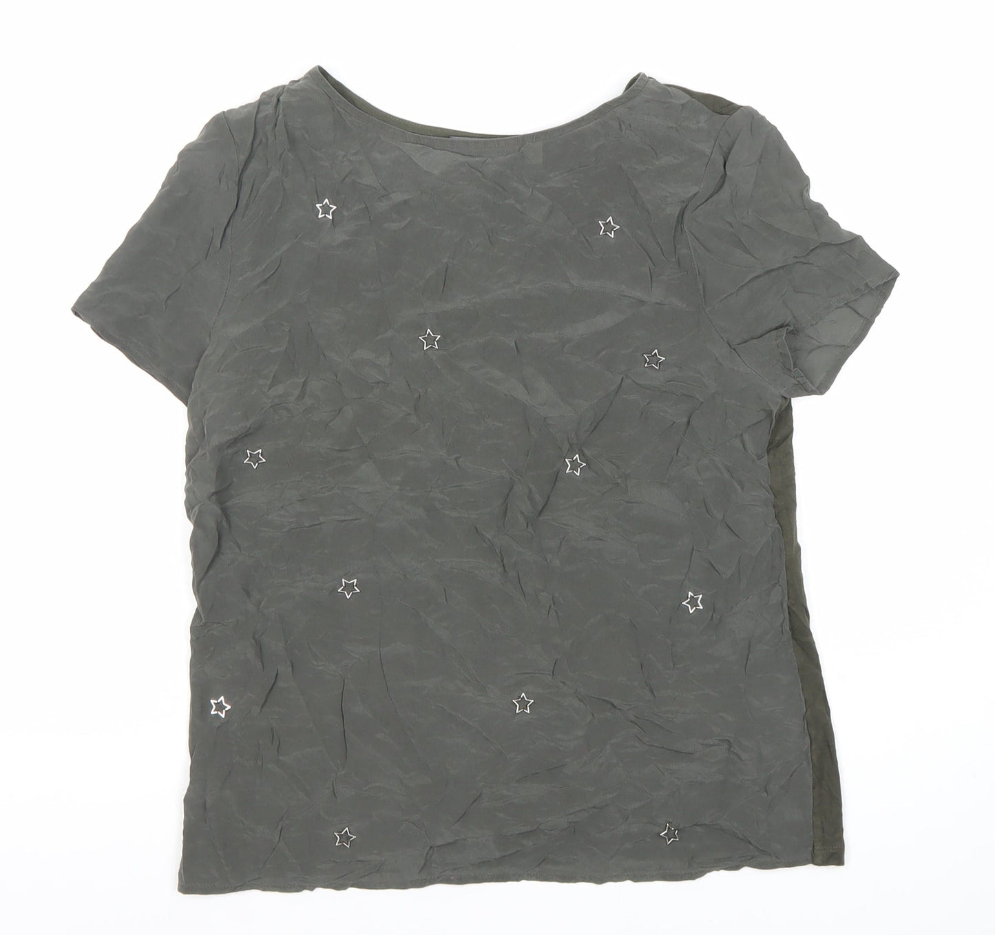 Mint Velvet Women Grey Size 8 Silk Blend Star Embroidered T-Shirt