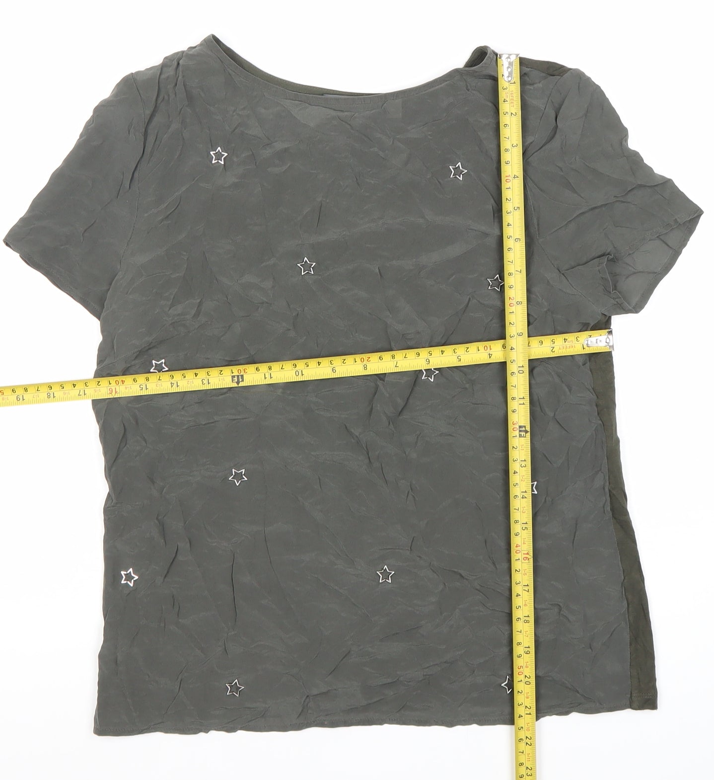 Mint Velvet Women Grey Size 8 Silk Blend Star Embroidered T-Shirt