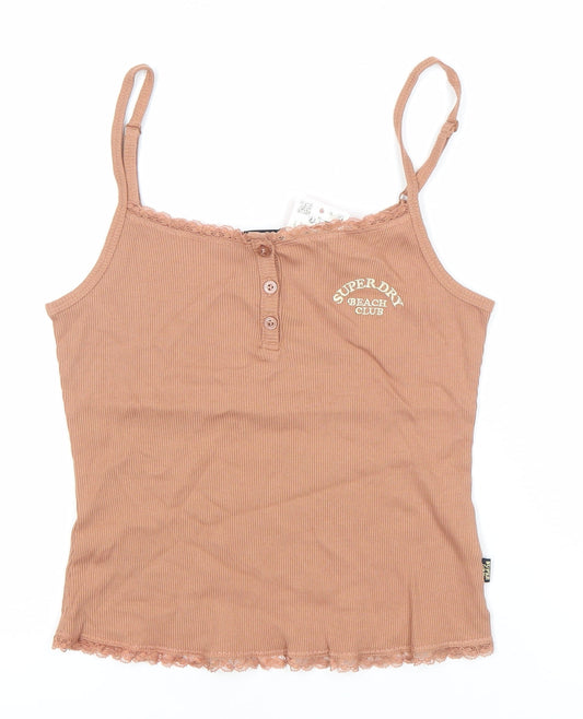Superdry Womens Brown Lace Trim Tank Top Size 12 Slim Fit Camisole