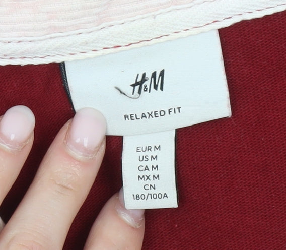 H&M Men’s Red Rugby Sweatshirt M Relaxed Fit Collared Long Sleeve