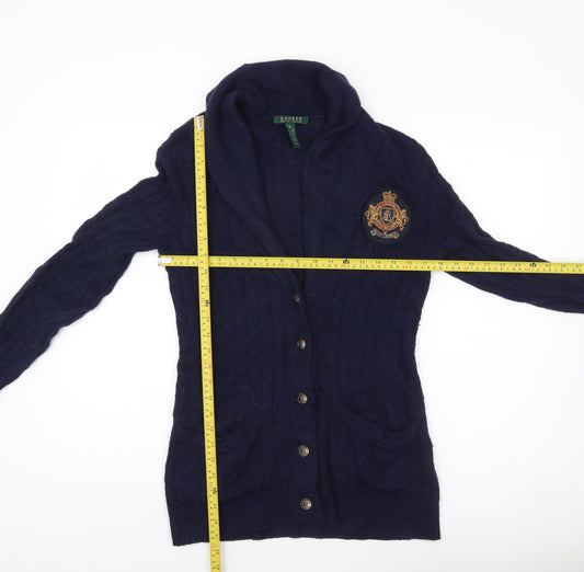 Ralph Lauren Women's Blue Cardigan M Cable Knit Wool Blend Shawl Collar