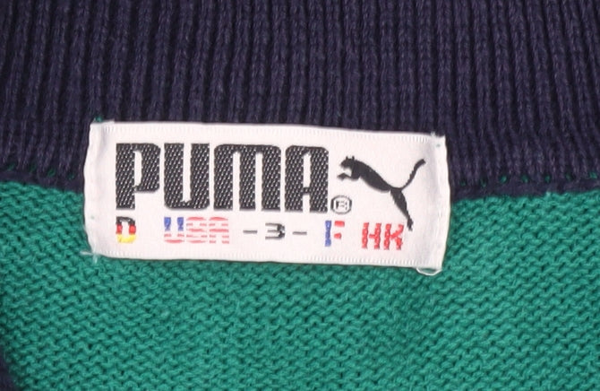 Puma Men’s Green Collared Pullover Jumper M Retro Sports Knitwear