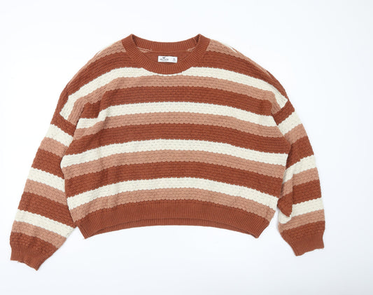 Hollister Women’s Brown Striped Knit Jumper XL Relaxed Crew Neck Pullover