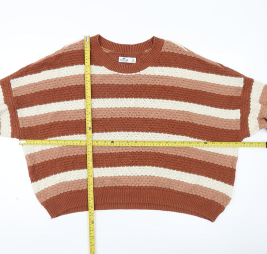 Hollister Women’s Brown Striped Knit Jumper XL Relaxed Crew Neck Pullover