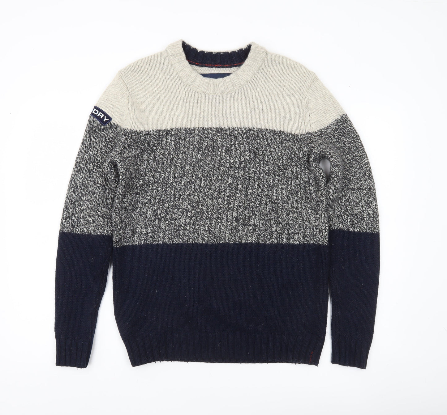 Superdry Men's Beige Grey Blue Striped Pullover Jumper Size L