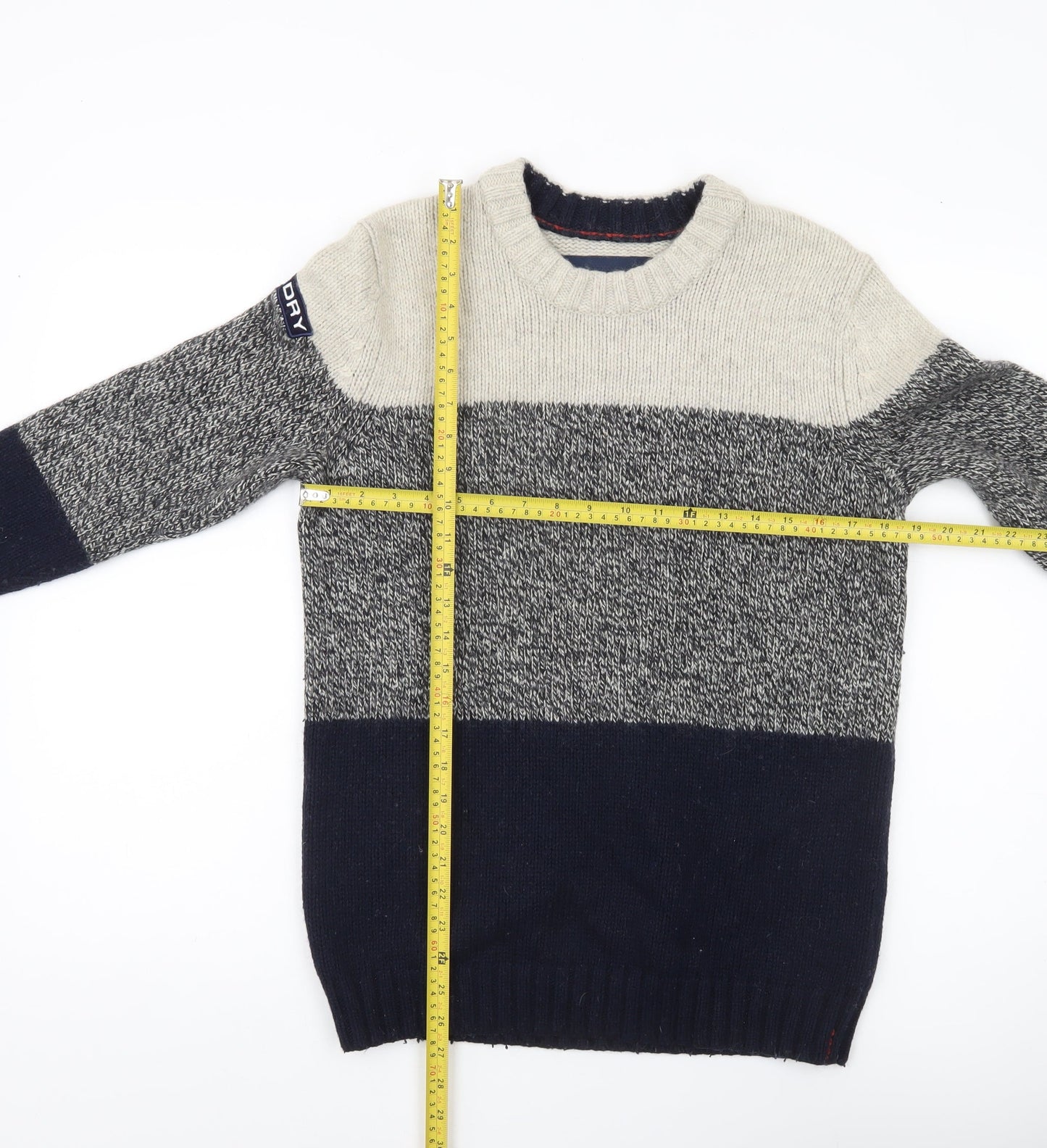 Superdry Men's Beige Grey Blue Striped Pullover Jumper Size L