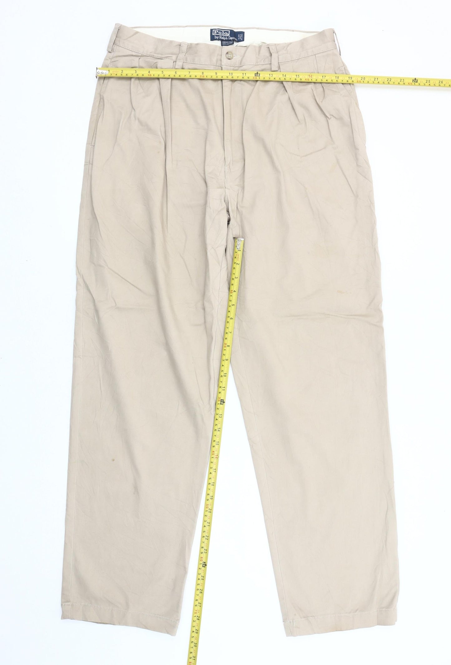 Ralph Lauren Men's Beige Chino Trousers L 36W 30L Pleated Straight Cotton