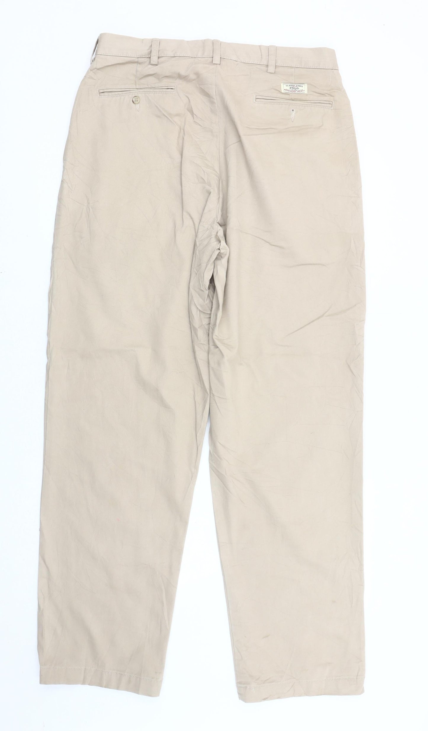 Ralph Lauren Men's Beige Chino Trousers L 36W 30L Pleated Straight Cotton