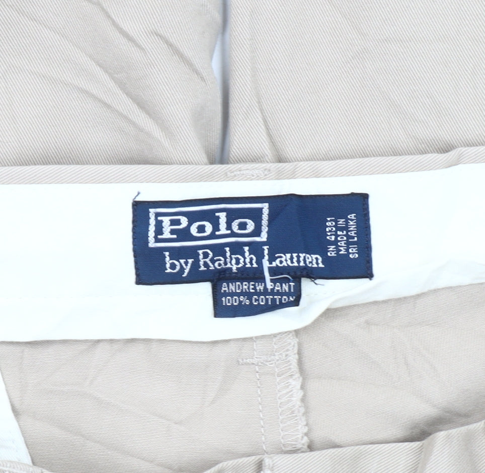 Ralph Lauren Men's Beige Chino Trousers L 36W 30L Pleated Straight Cotton