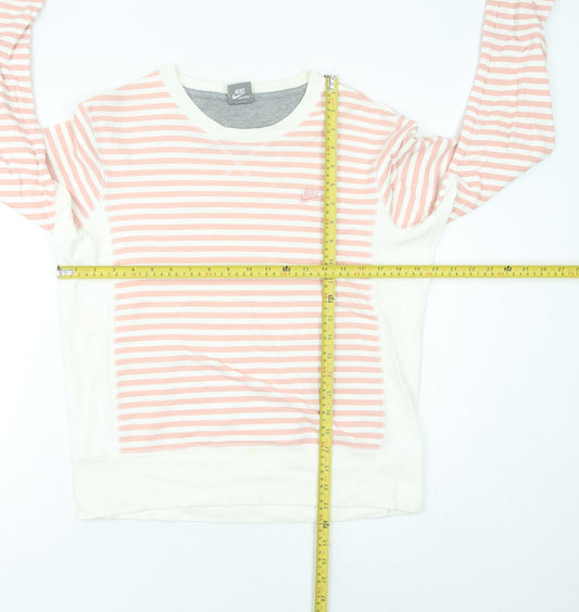 Nike Womens Pink White Striped Sweatshirt UK 12 Cotton Blend