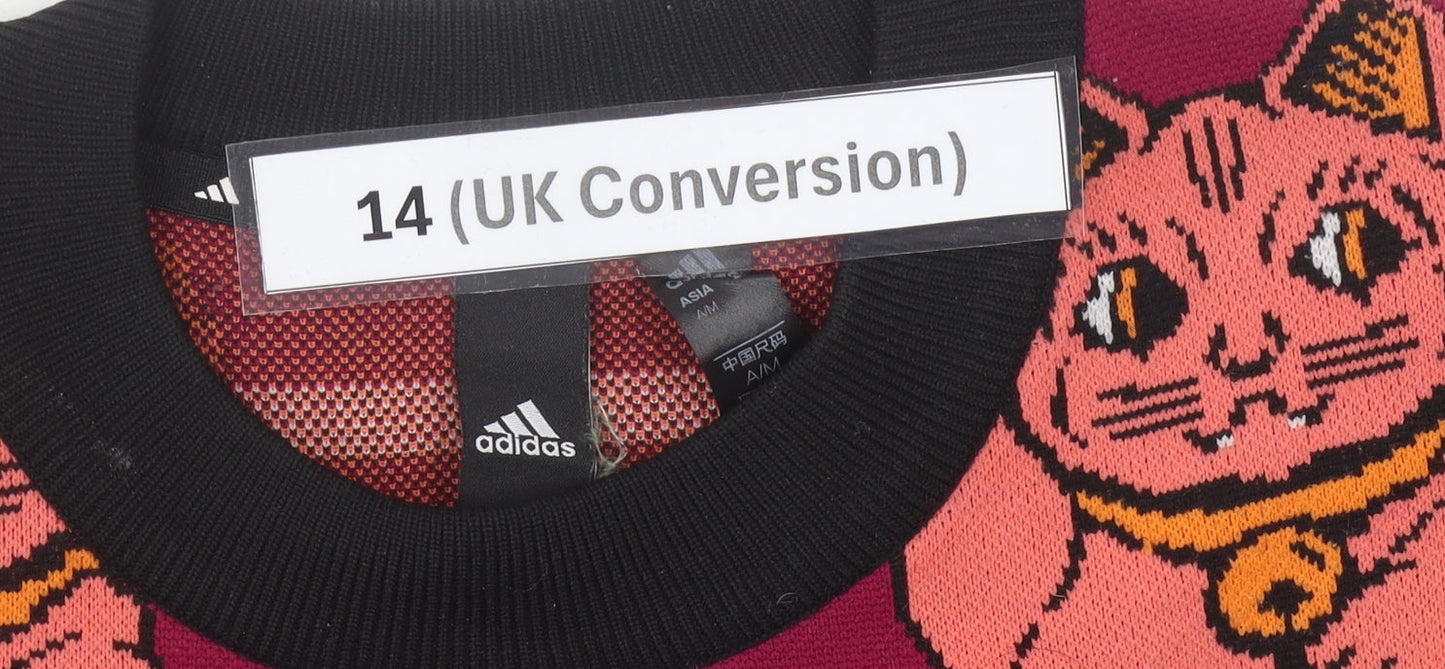 Adidas Womens Red Cat Print Crew Neck Pullover Jumper Size 14