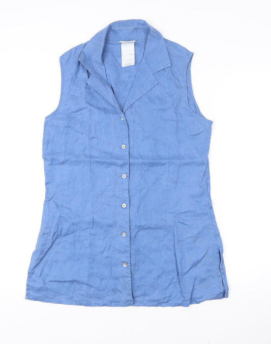 Laura Ashley Women’s Blue Linen Sleeveless Collared Button-Up Top UK 14