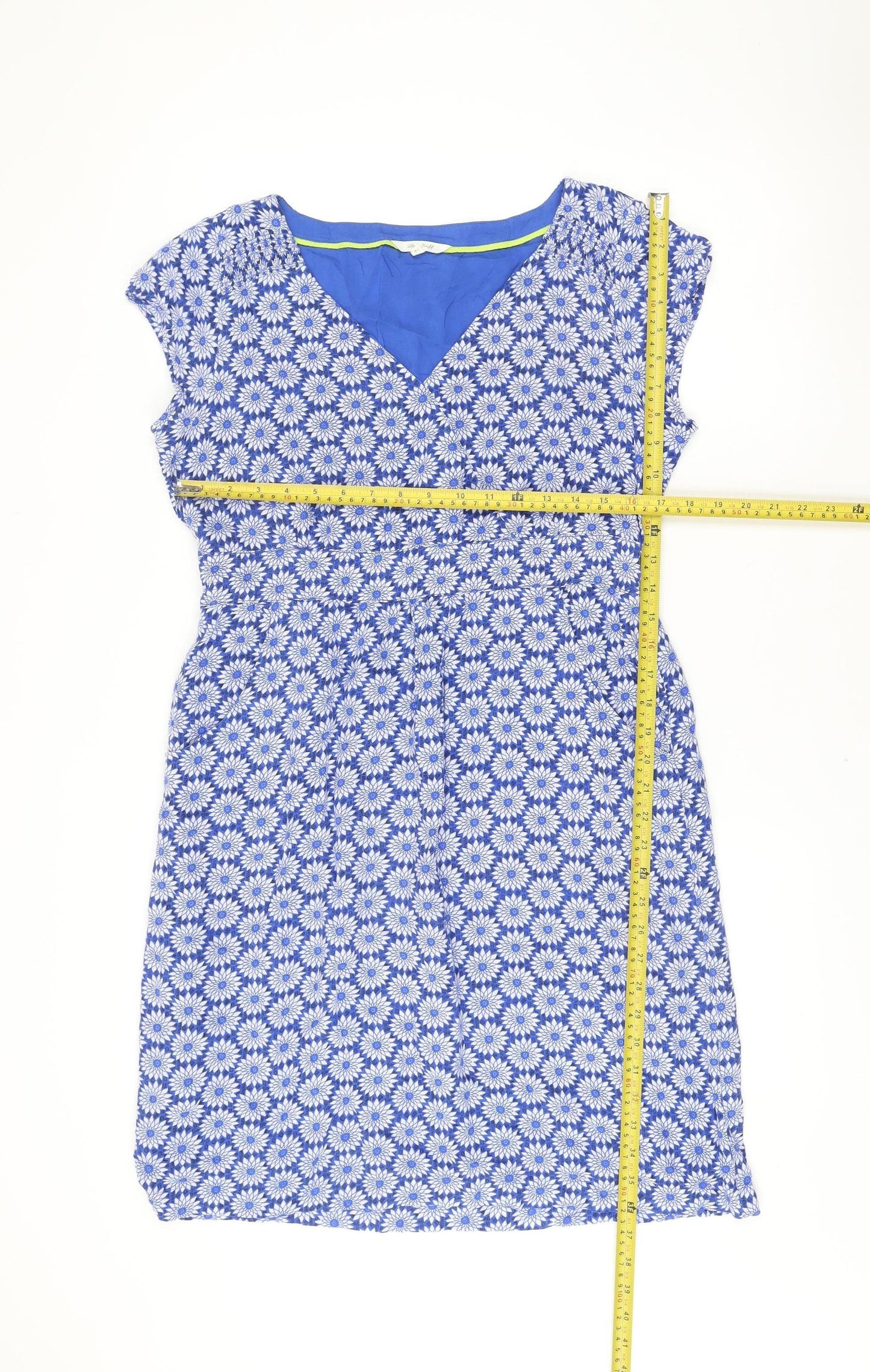 White Stuff Women’s Blue Floral Shift Dress Size 14 V-Neck Summer