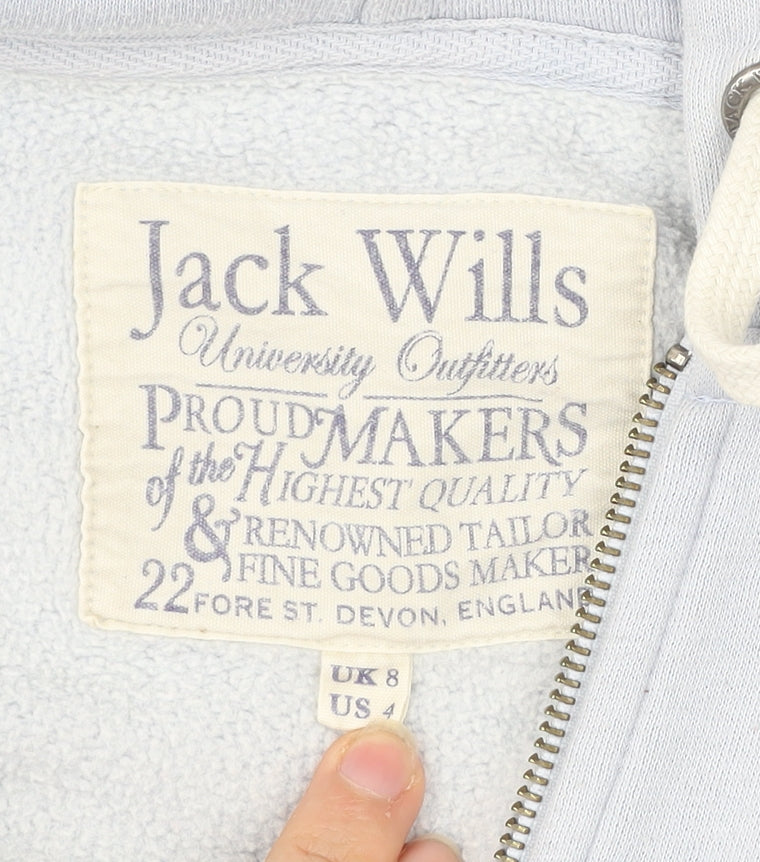 Jack Wills Womens Blue Zip Hoodie UK 8 Cotton Blend Graphic Print