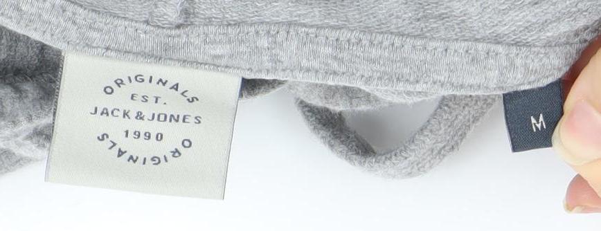 Jack & Jones Mens Grey Pullover Hoodie M Logo Print Casual Cotton