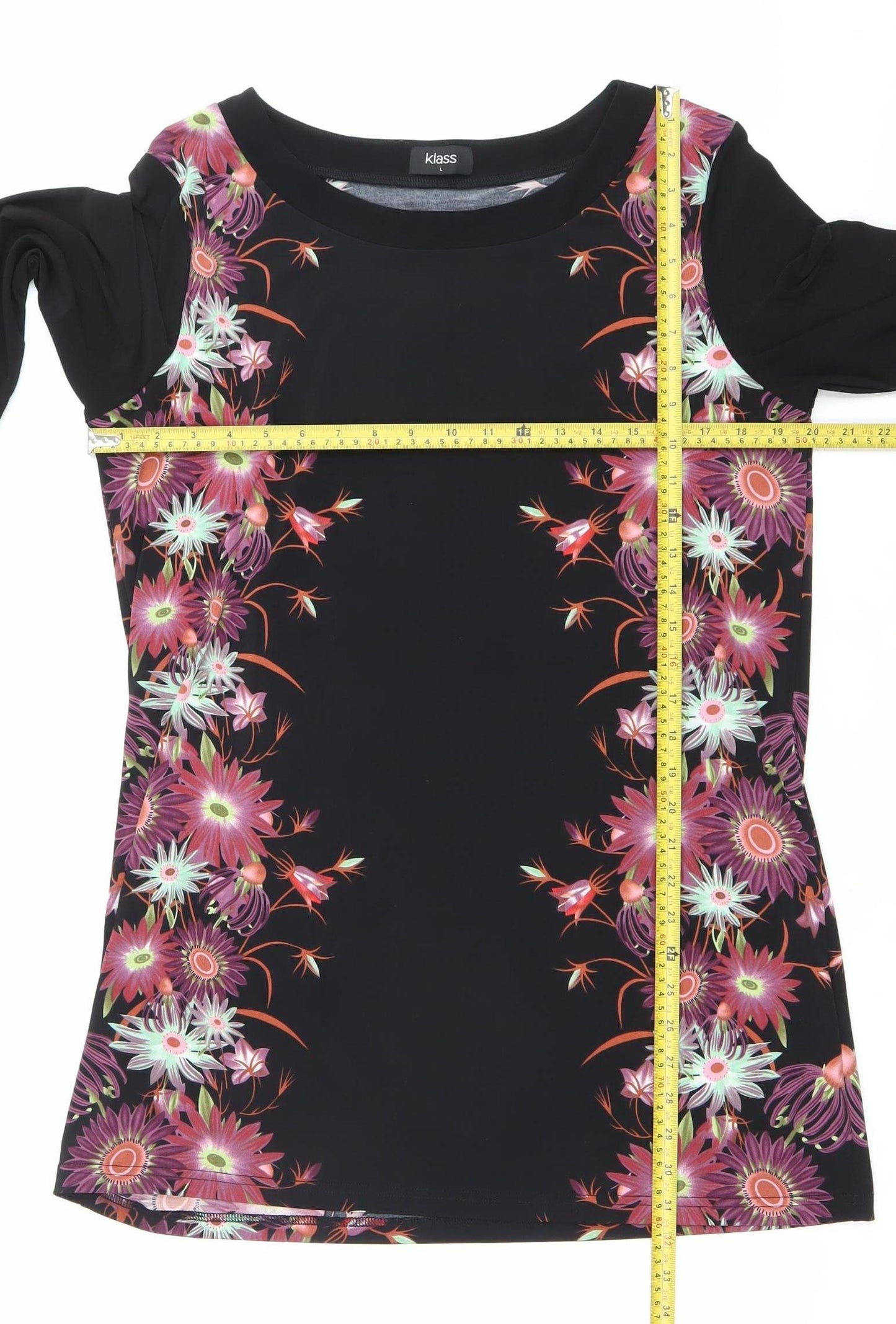 Klass Womens Black Pink Floral Tunic Blouse Size L 3/4 Sleeve