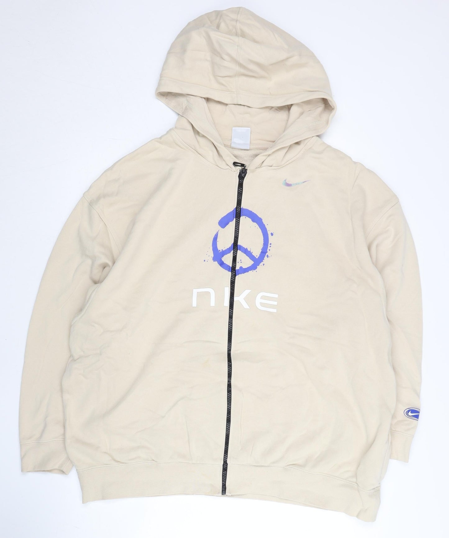 Nike Unisex Adults Beige Full Zip Hoodie Size L Cotton Blend