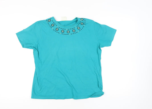 Eastex Women Blue Cotton T-Shirt Size 12 Embroidered Neckline