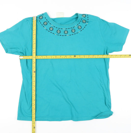 Eastex Women Blue Cotton T-Shirt Size 12 Embroidered Neckline