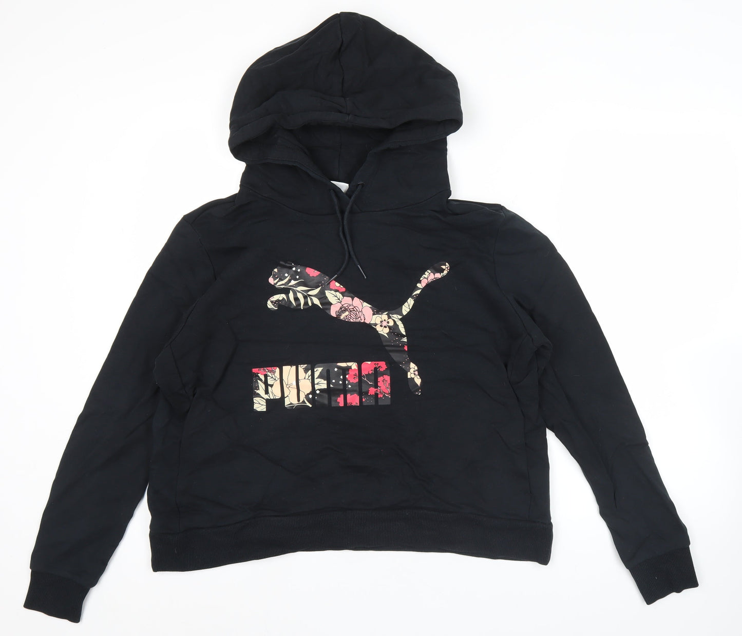 Puma Women Black Pullover Hoodie Size 12 Floral Logo Sportswear