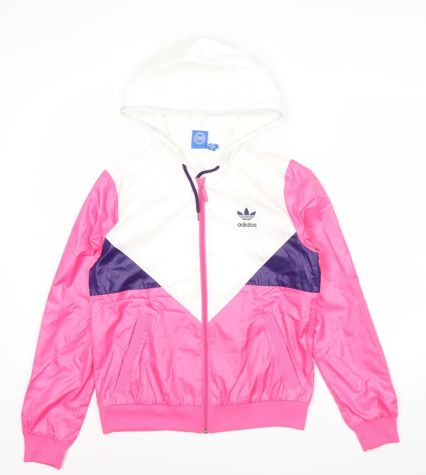 Adidas Womens Pink White Windbreaker Jacket Size 8 Hooded Colourblock