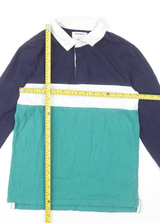 Old Navy Boys XL 14-16 Blue Green Colourblock Long Sleeve Polo Shirt