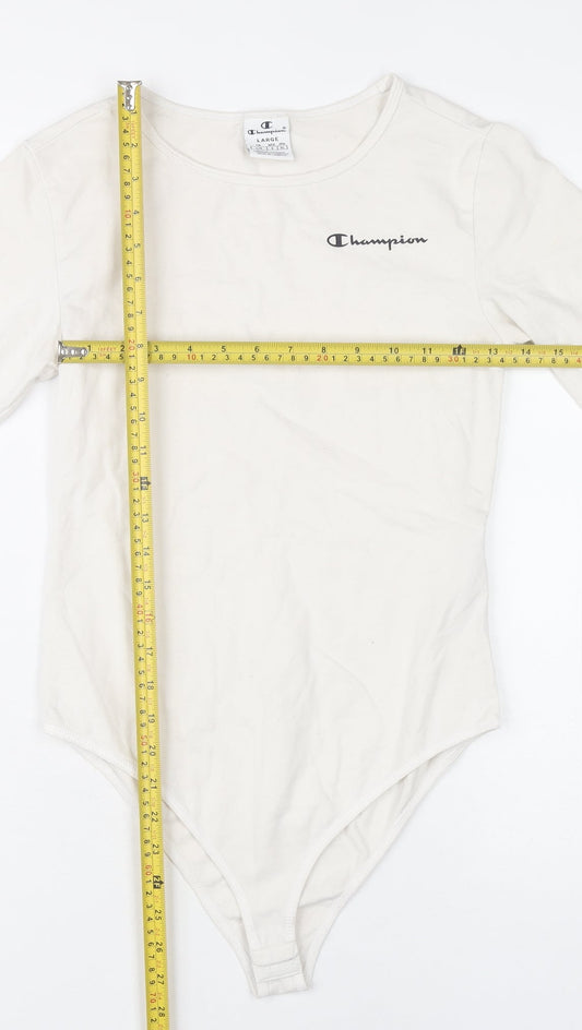 Champion Women Ivory Bodysuit L Scoop Neck Logo Cotton Stretch