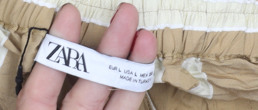 Zara Women’s Beige Striped Wide-Leg Trousers L Elastic Waist