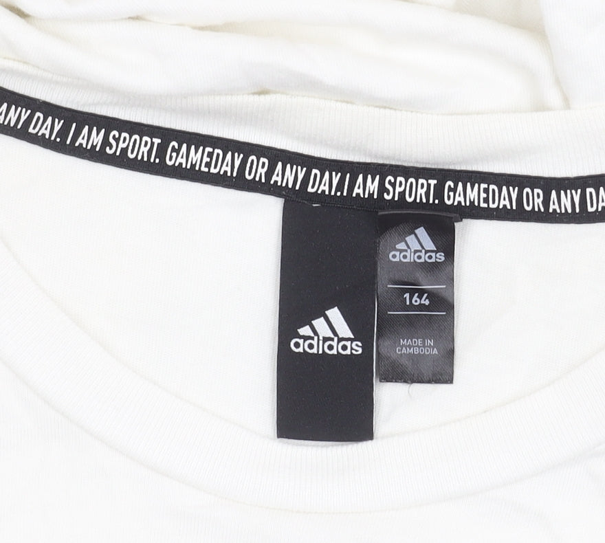 Adidas Boys White Cotton Logo T-Shirt Size 164 Short Sleeve Sports Tee
