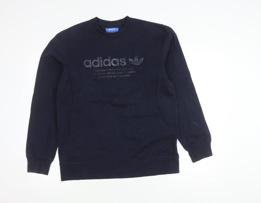 Additional front view of Adidas men’s blue medium sweatshirt pullover crew neck logo graphic