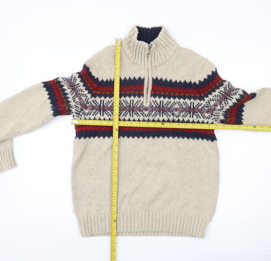 Tommy Hilfiger Men's Beige Fair Isle Wool Blend 1/4 Zip Jumper Size M