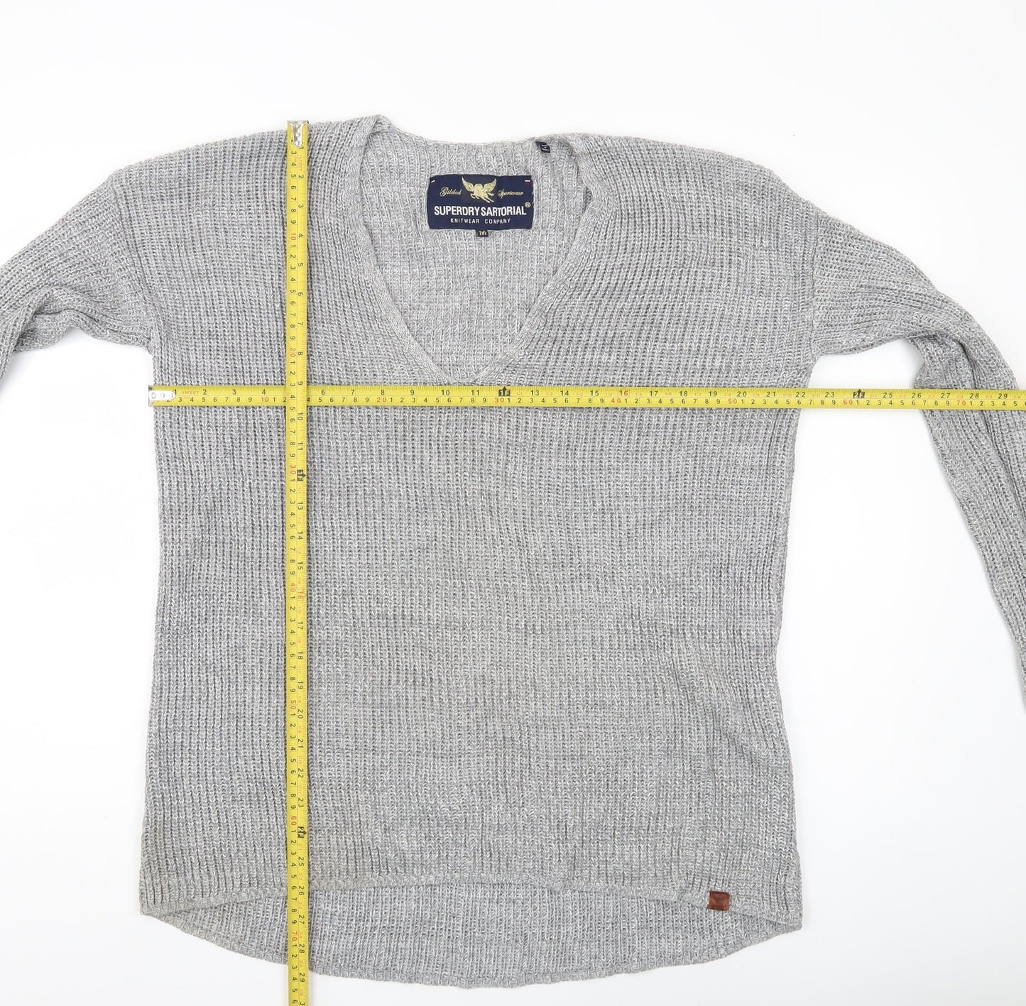 Superdry Sartorial Womens Grey M Chunky Knit V-Neck Pullover Jumper