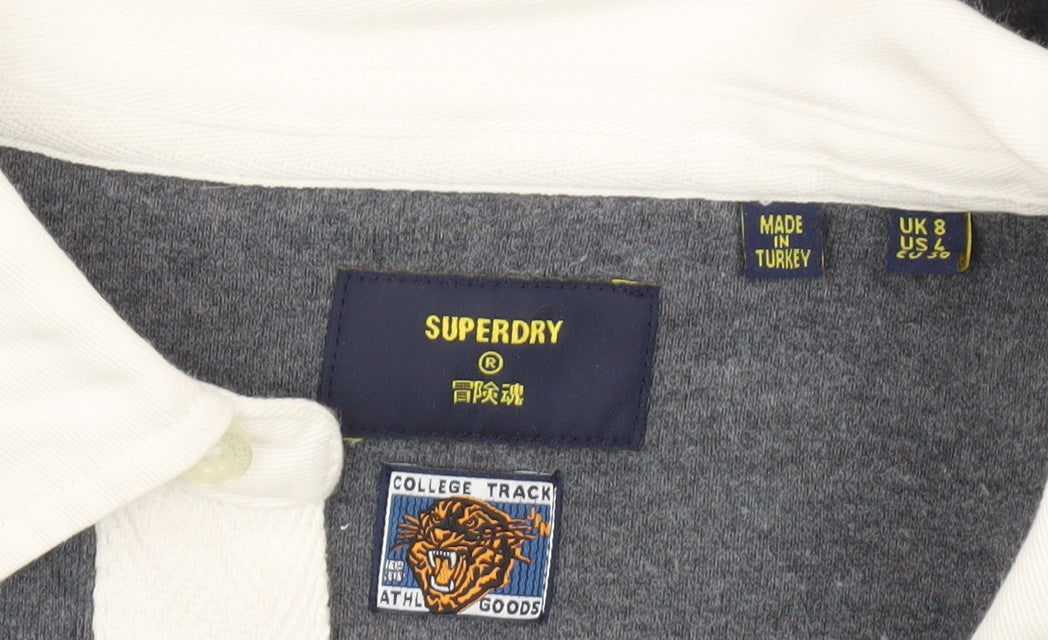 Superdry Womens Grey Henley Sweatshirt UK 8 Collared College Logo