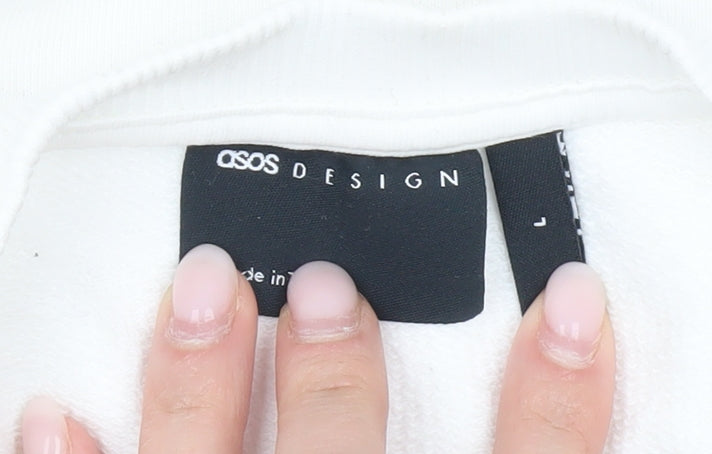 Brand and care label for ASOS DESIGN Women’s White Crew Neck Pullover Sweatshirt, size L