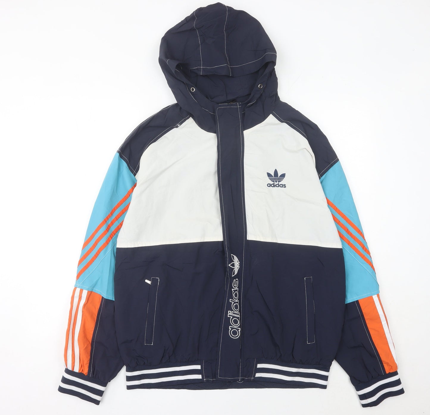 Adidas Mens L Blue White Orange Windbreaker Hooded Jacket