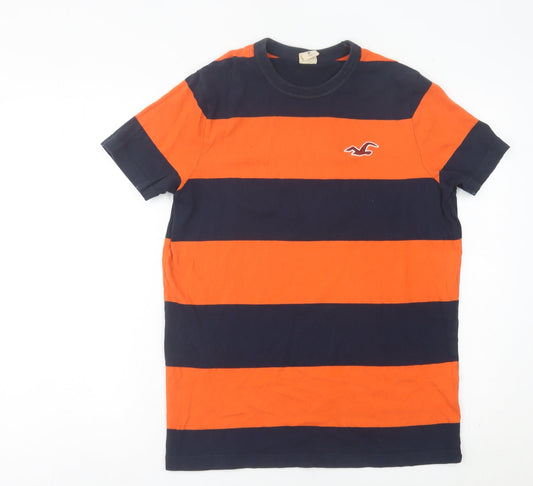 Hollister Men’s Orange Blue Striped Crew Neck Cotton T-Shirt Size M