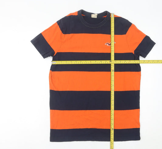 Hollister Men’s Orange Blue Striped Crew Neck Cotton T-Shirt Size M