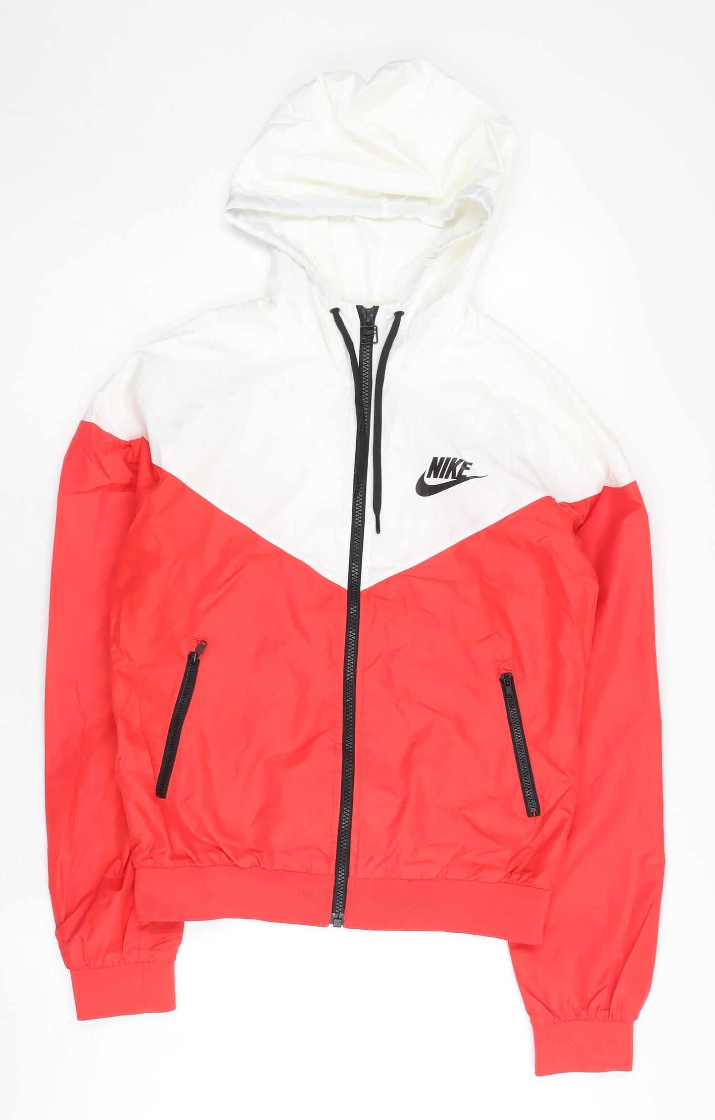 Nike Womens Red White Windbreaker Jacket Size L Hooded Full Zip